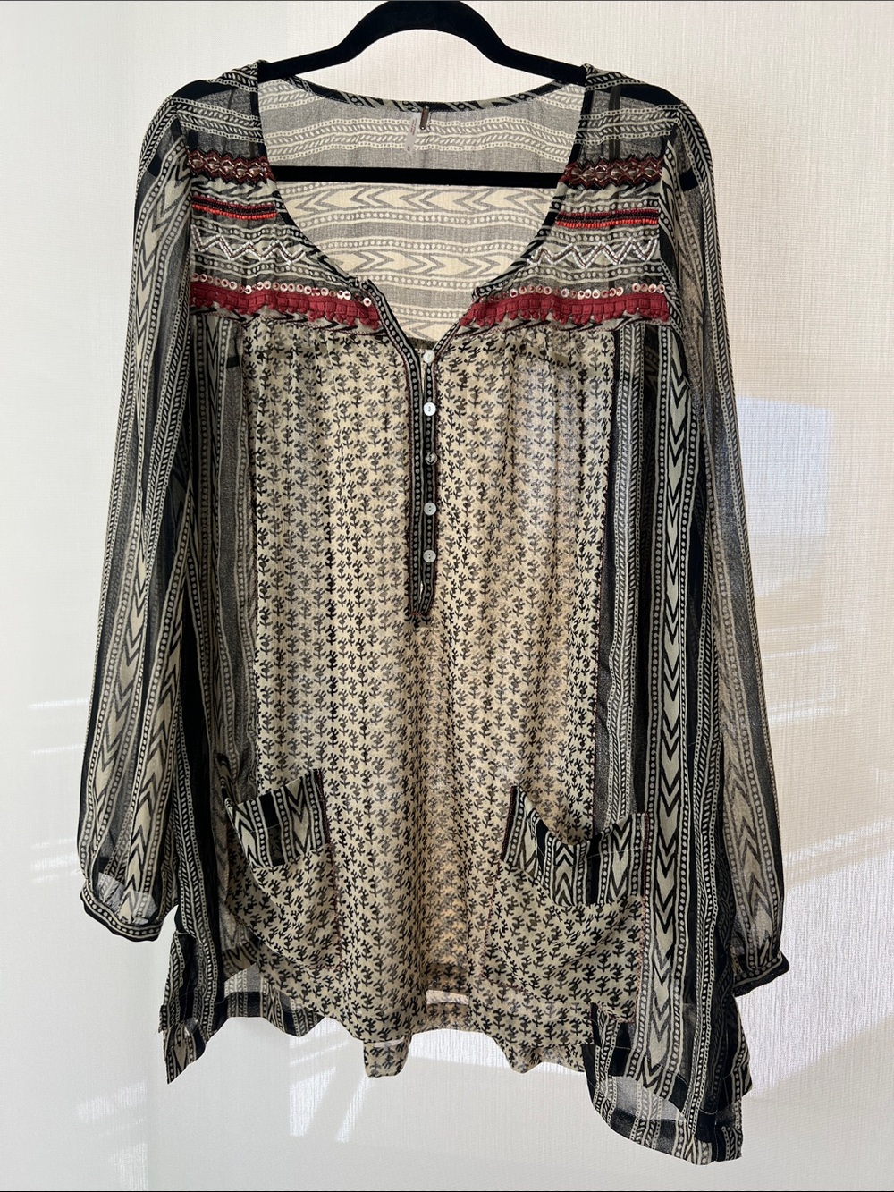 Free People Cream and Black Bohemian Tunic with Red Trim